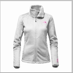 white North Face jacket with breast cancer pink